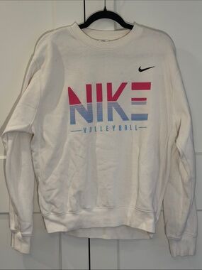 Nike White Crewneck Sweatshirt with Pink and Light Blue NIKE Volleyball Graphic